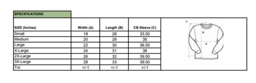 Size chart for clothing with measurements and diagram.