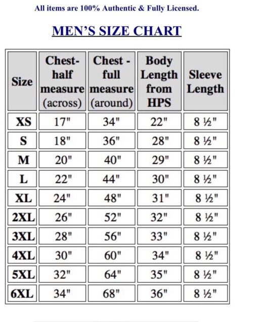 Men's clothing size chart with measurements.