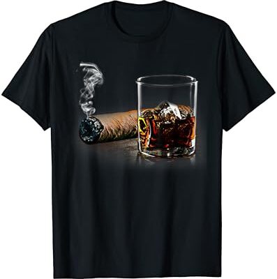 Graphic t-shirt with whiskey and cigar design.