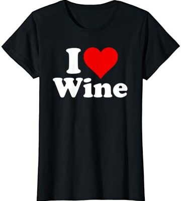 Black t-shirt with "I Love Wine" text and heart.