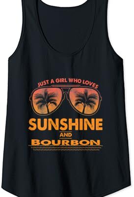 Graphic tank top with "Sunshine and Bourbon" text.