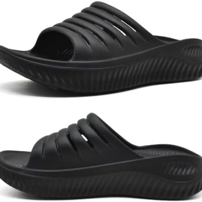 Black rubber slide sandals.