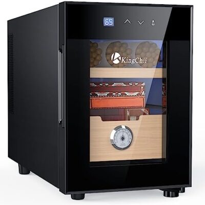 Black cigar humidor with digital display.