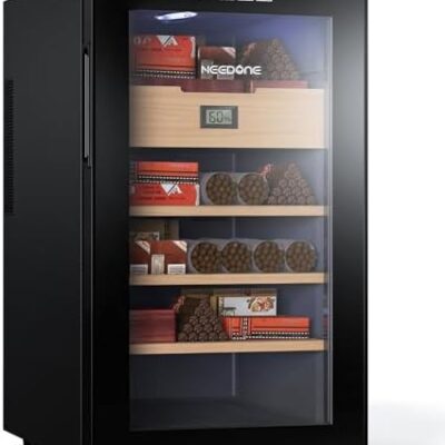 Cigar humidor cabinet with digital display and shelves.