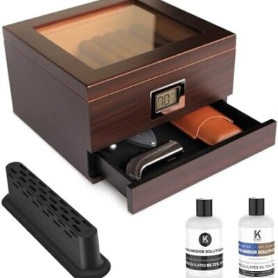 Cigar humidor box with accessories and humidifier solution.