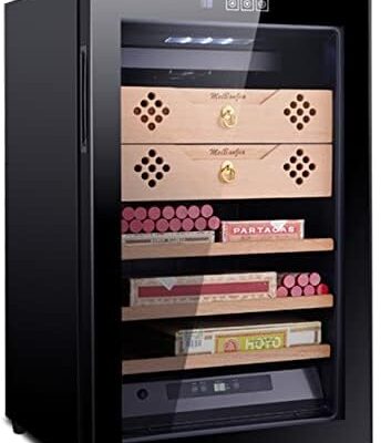 Black humidor cabinet with cigars and wooden shelves.