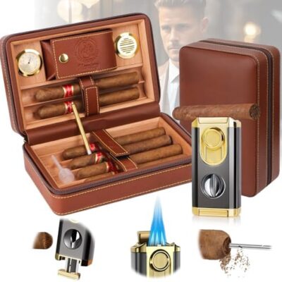 Leather cigar humidor with lighter and accessories