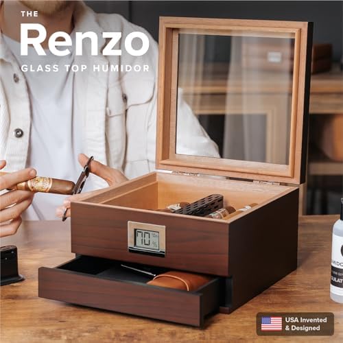 Renzo glass top humidor with cigars.