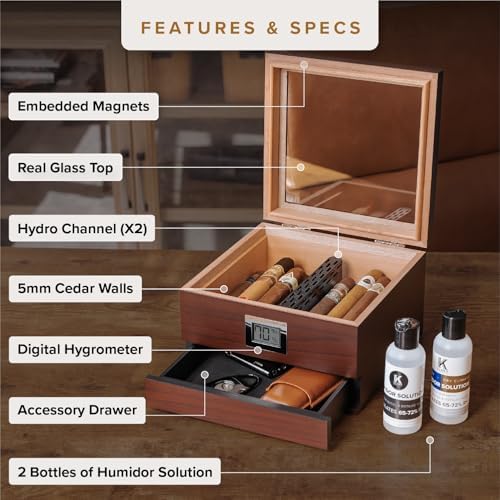 Cigar humidor with features labeled.