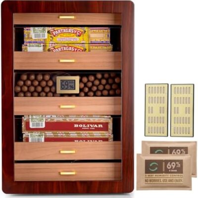 Wooden cigar humidor with hygrometer and accessories.