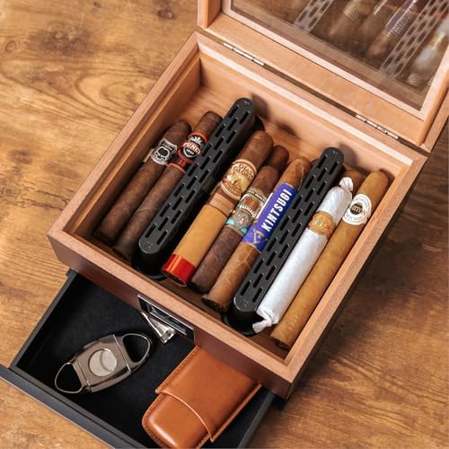 Wooden humidor box with cigars and cigar cutter.
