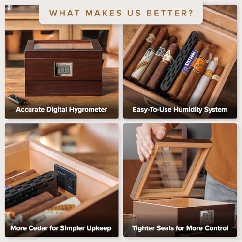 Digital hygrometer and humidity control cigar humidor features.