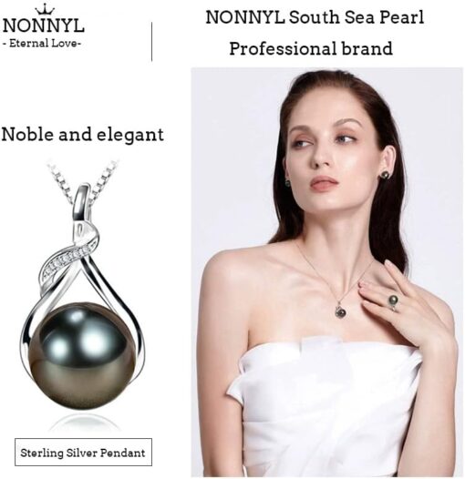 Nonnyl South Sea Pearl pendant and model wearing jewelry.