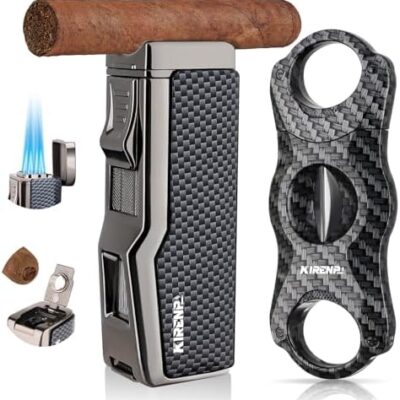 Cigar lighter and cutter set with carbon fiber design.