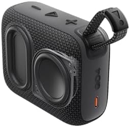 Portable black Bluetooth speaker with strap.