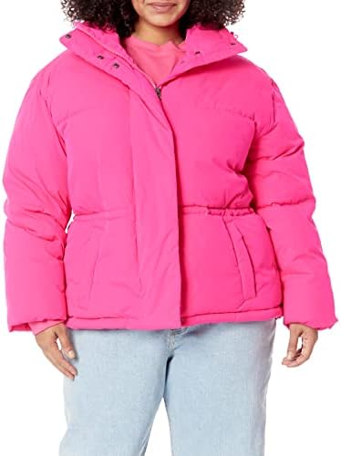 Woman wearing bright pink puffer jacket