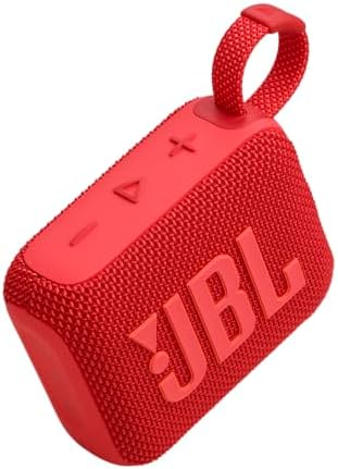 Red JBL portable Bluetooth speaker with control buttons.