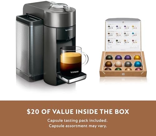 Nespresso machine with coffee capsule variety pack.