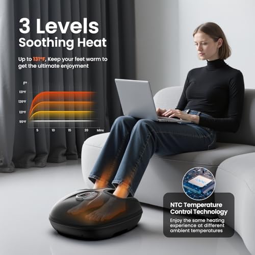 Woman using foot warmer with laptop on couch.