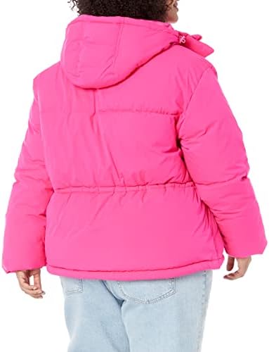 Person wearing pink hooded puffer jacket and jeans.