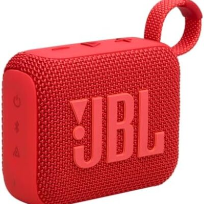 Red portable Bluetooth speaker with strap.