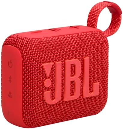 Red portable Bluetooth speaker with strap.