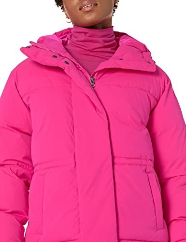 Woman wearing bright pink puffer jacket, close-up.