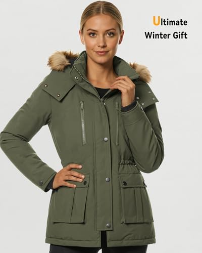 Woman in green winter jacket with fur hood.