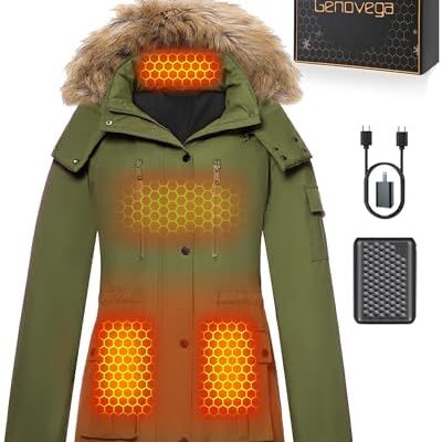 Heated winter jacket with USB charger and packaging