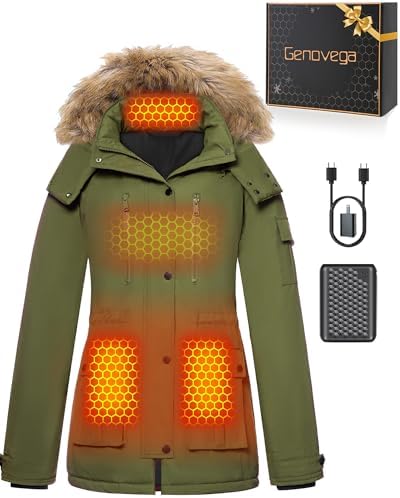 Heated winter jacket with USB charger and packaging