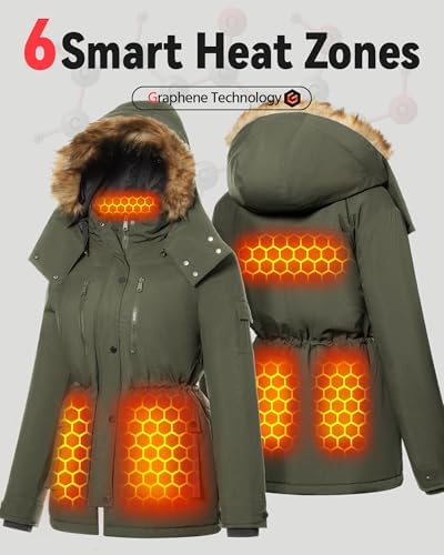 Green jacket with six graphene heating zones.