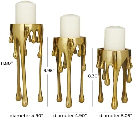 Three gold dripping candle holders with dimensions.