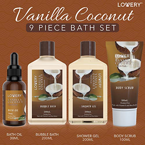 Vanilla Coconut bath set with oil, gel, scrub.