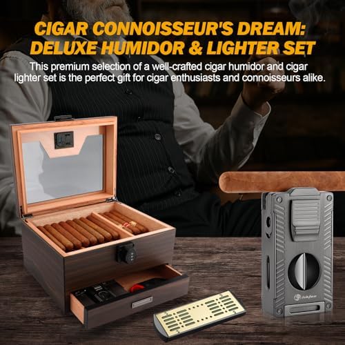 Cigar humidor and lighter set for enthusiasts.