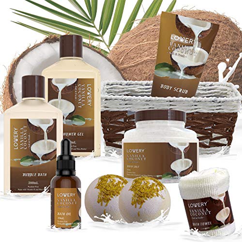 Gifts For Women Gift Basket for Women– 9 Piece Christmas Gifts Set of Vanilla Coconut Home Spa Set, Luxurious Holiday Bath and Body Sets Includes Fragrant Lotions, Extra Large Bath Bombs, Coconut Oil : Beauty & Personal Care - Image 5