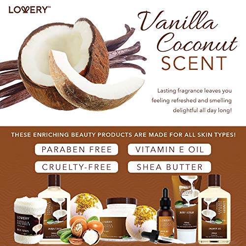 Vanilla coconut scented skincare products, cruelty-free, paraben-free.
