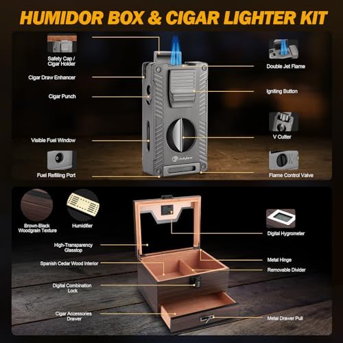 Cigar lighter and humidor box kit with features.
