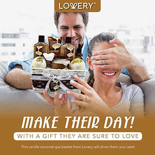 Couple enjoying Lovery vanilla coconut spa gift basket.