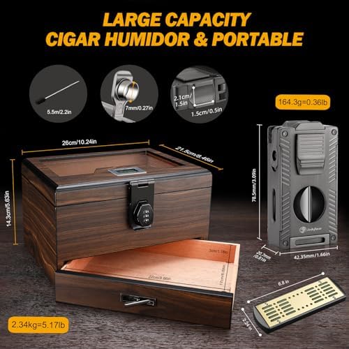 Large capacity portable cigar humidor with dimensions.