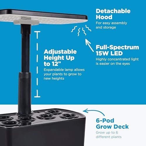 Indoor garden system with adjustable LED grow light.