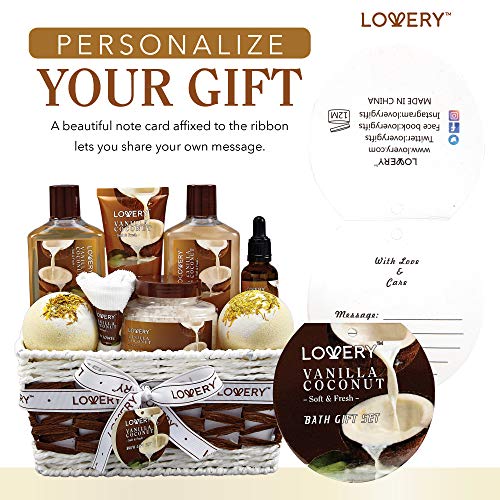 Personalized vanilla coconut bath gift set in basket.