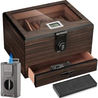 Cigar humidor set with lock and blue flame lighter