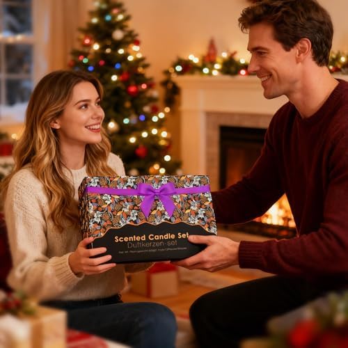 Couple exchanging scented candle gift by fireplace.
