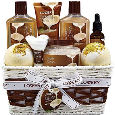 Vanilla coconut bath gift set with lotions, bombs.