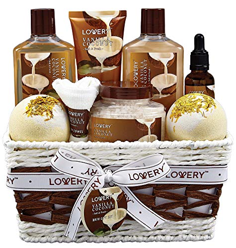 Vanilla coconut bath gift set with lotions, bombs.