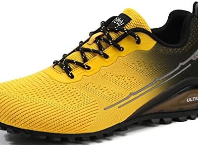 Yellow trail-running shoe with black accents and laces.