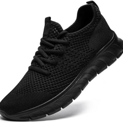 Black athletic running shoe with mesh design.